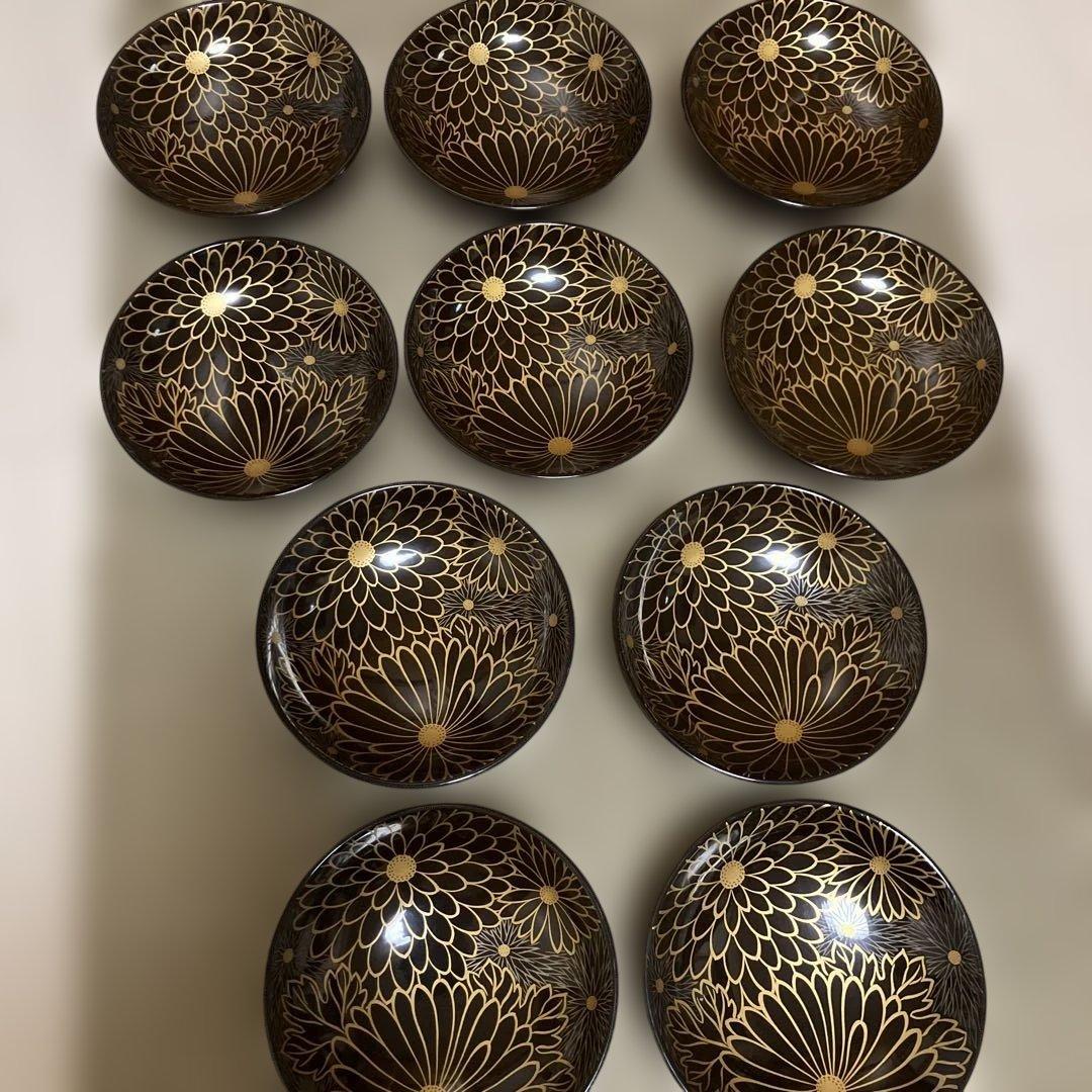 輪島塗椀　千鳥形菊蒔絵椀　煮物椀10客セット焦茶