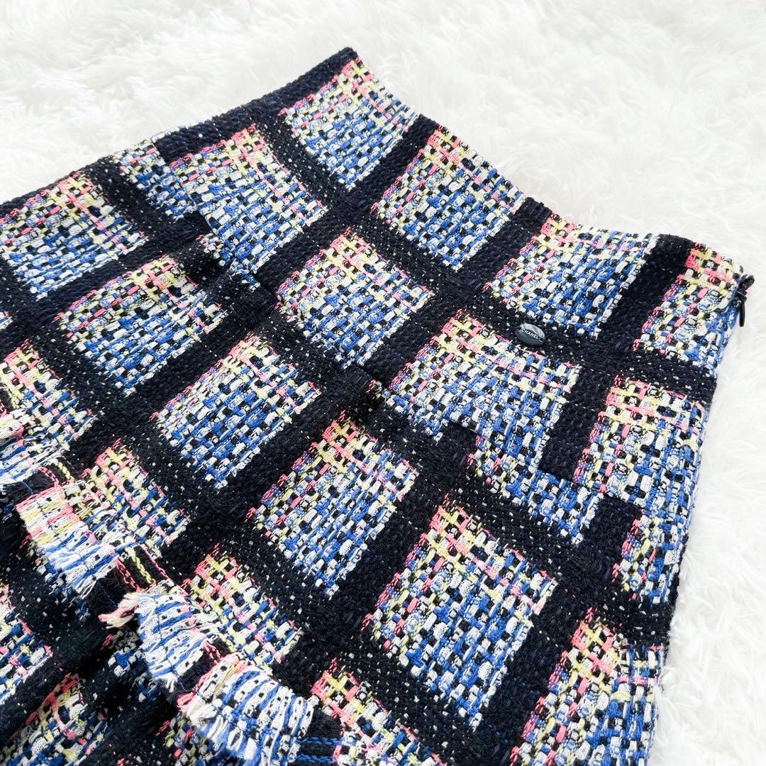 美品 CHANEL 09P ミックスツイードフレアスカート ロゴプレート 42