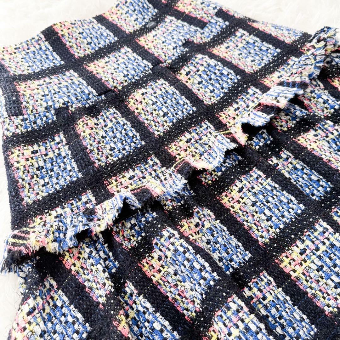 美品 CHANEL 09P ミックスツイードフレアスカート ロゴプレート 42