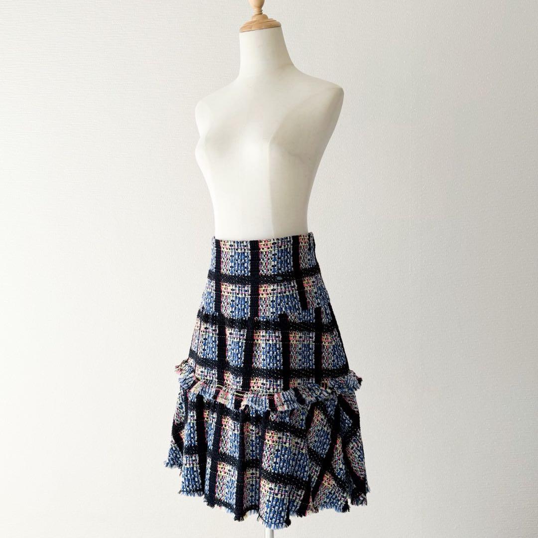 美品 CHANEL 09P ミックスツイードフレアスカート ロゴプレート 42