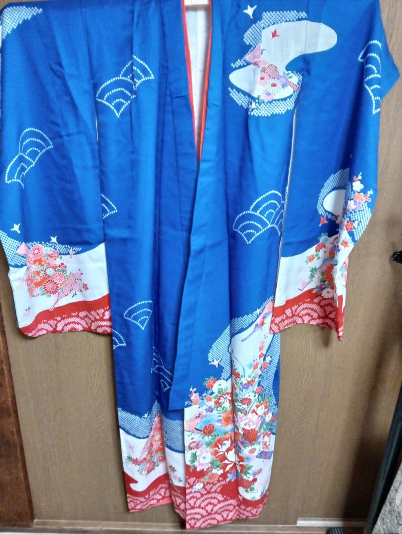 七五三 着物 青 赤 花柄　フルセット