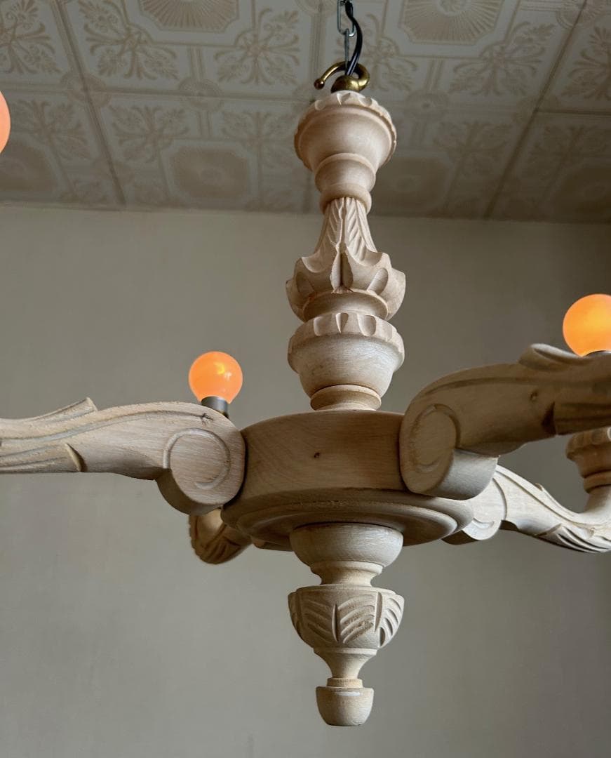 フランスアンティーク 木製シャンデリア 4灯 シャビー 店舗什器