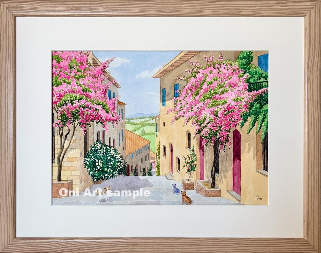 透明水彩画　原画　「花の咲く路地08」額縁付　B3サイズ　風景画