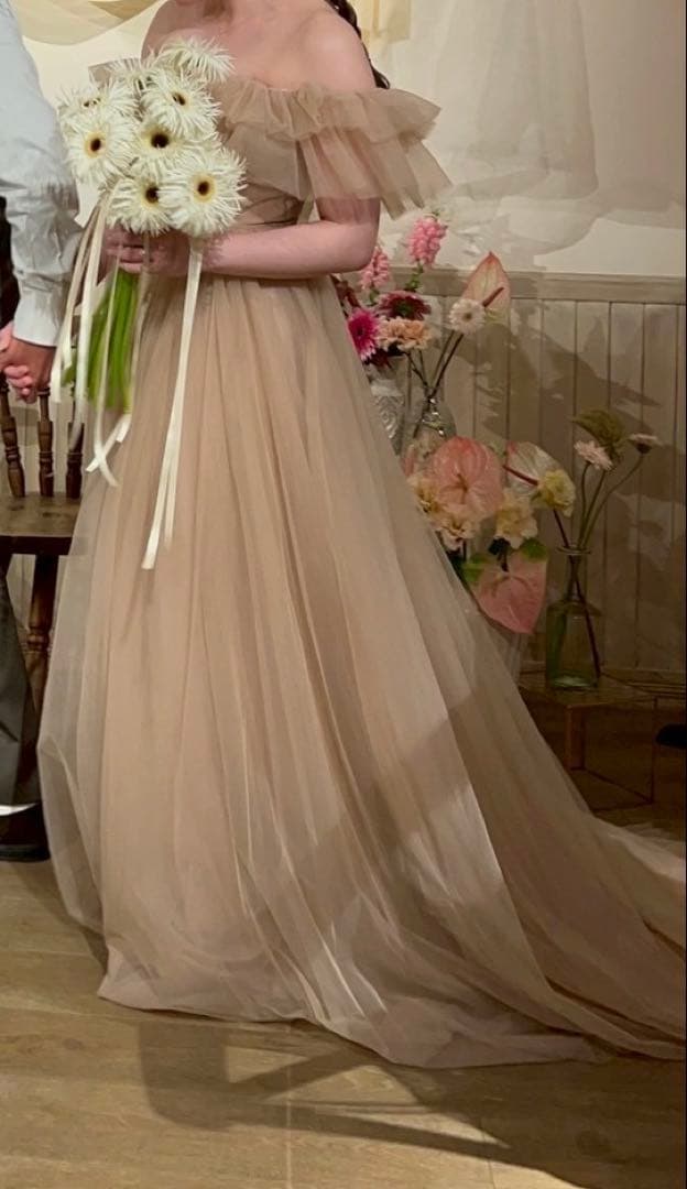 よ*ゅ様 ドレスプロダクション　フリルオフショルダーチュールドレス　ピンクブラウ