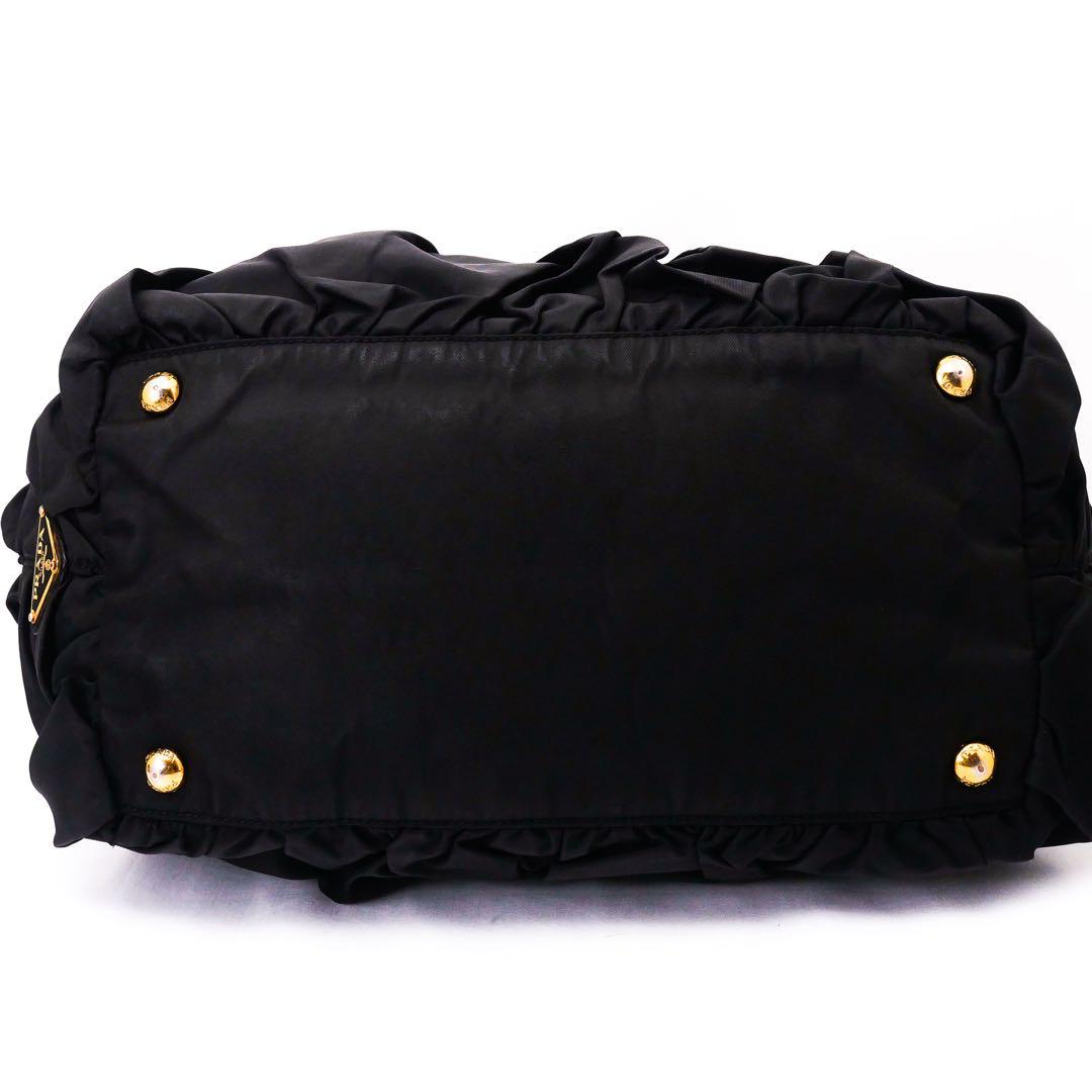 超美品 PRADA プラダ ブラック ナイロン レザー ハンドバッグ ギャザー