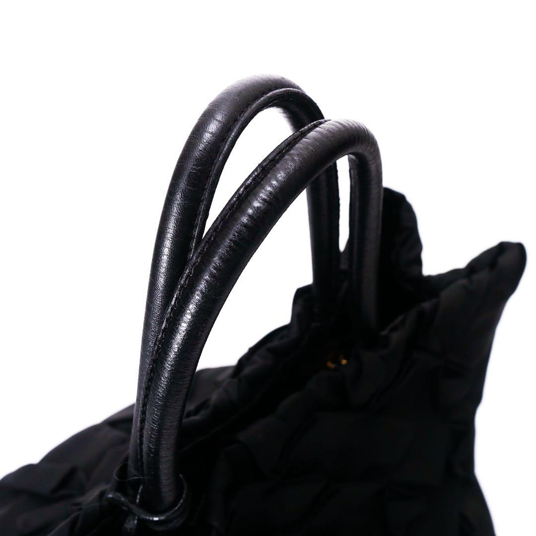 超美品 PRADA プラダ ブラック ナイロン レザー ハンドバッグ ギャザー