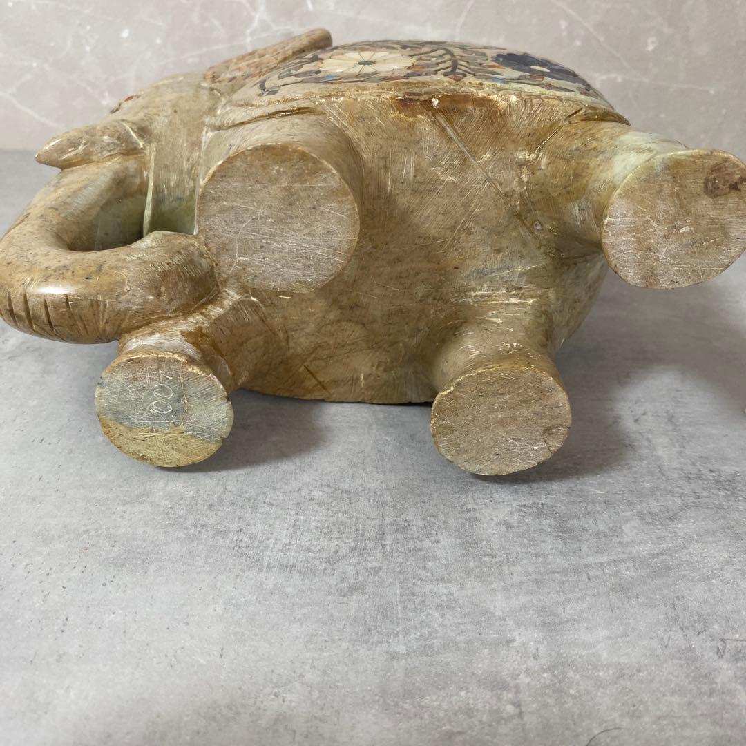 インド工芸品 天然石 花柄 象の置物 大中小3点 縁起物