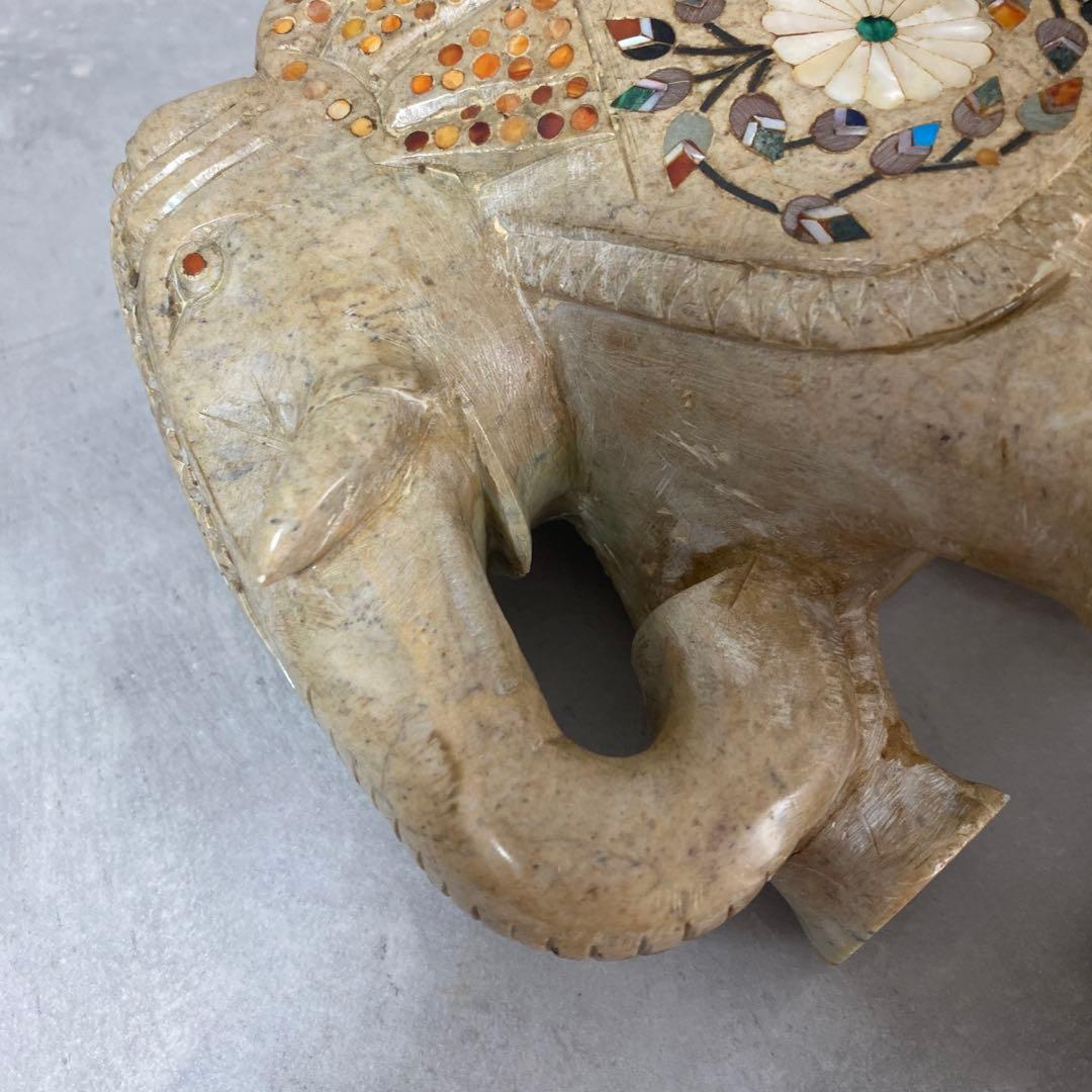 インド工芸品 天然石 花柄 象の置物 大中小3点 縁起物