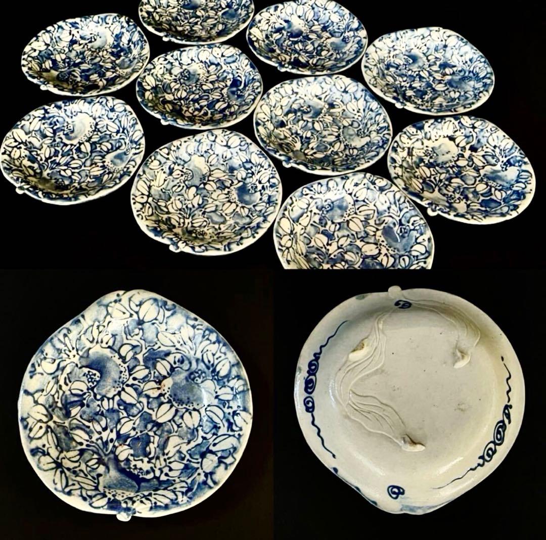 珍品】古伊万里 染付 線描 三足 桃形 銘々皿 十客 木箱（