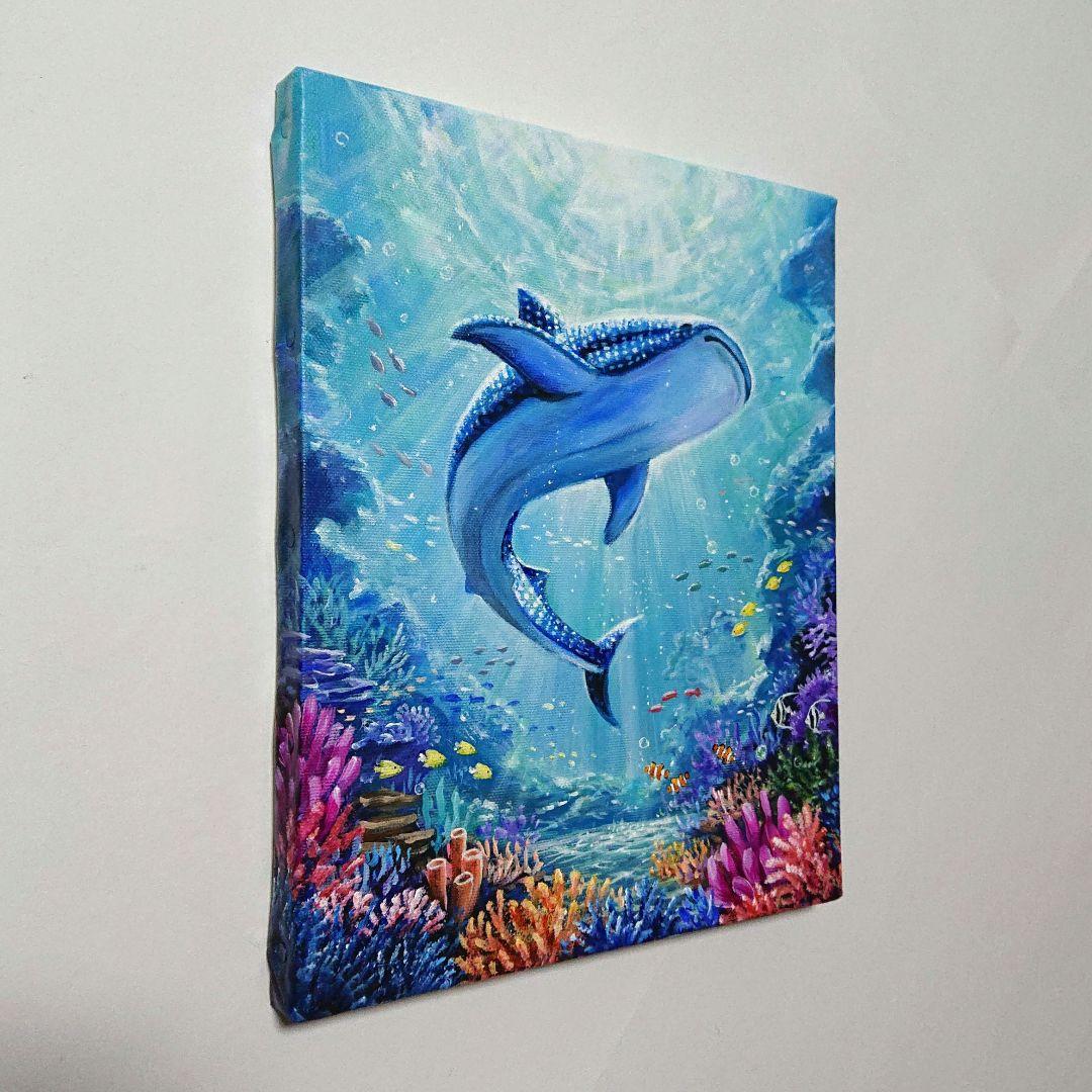 ジンベエザメ】アクリル画 F3 風景画 絵画 海の絵
