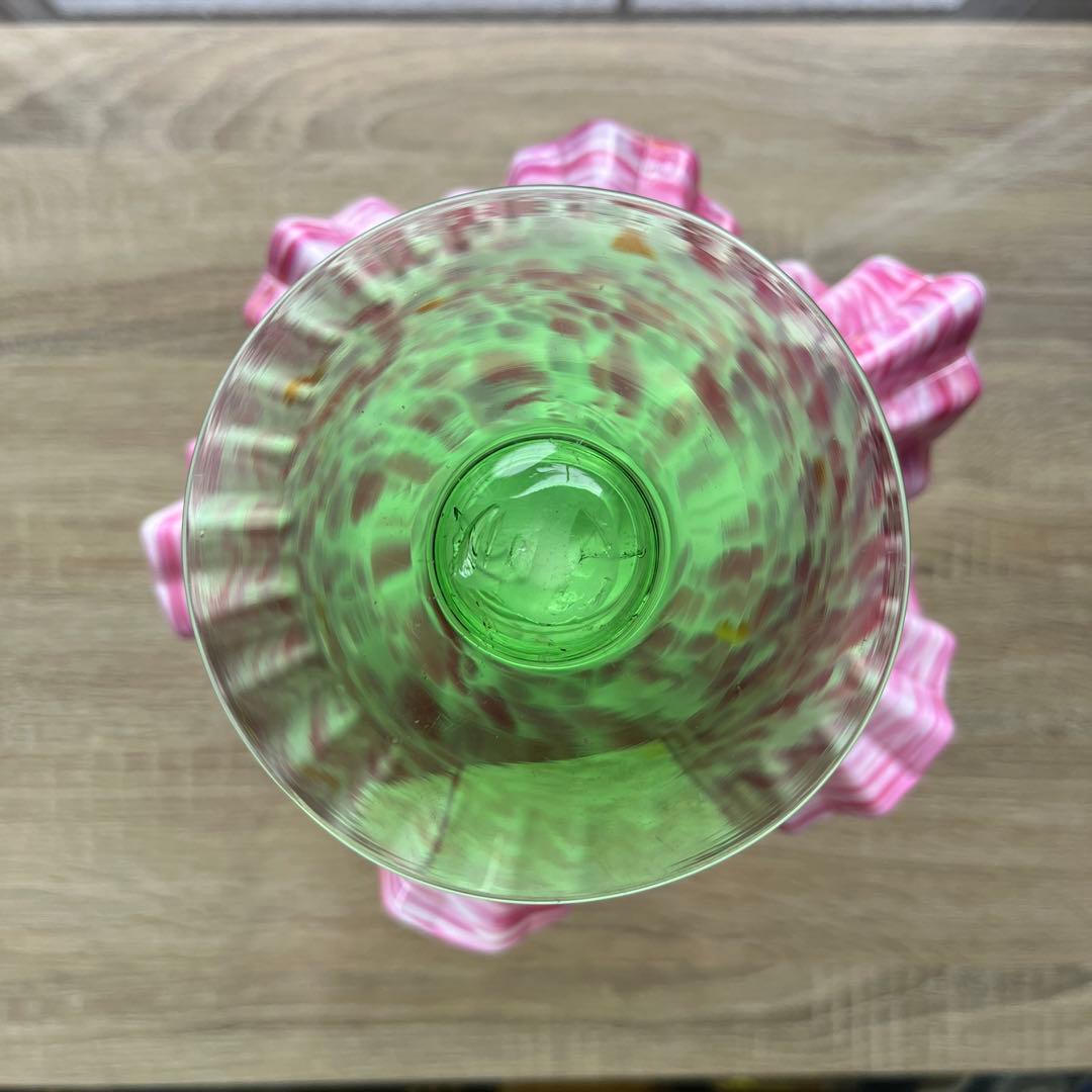 骨董時代ガラス希少3色ピンク色暈しフリル盃洗コンポートウラン 1客