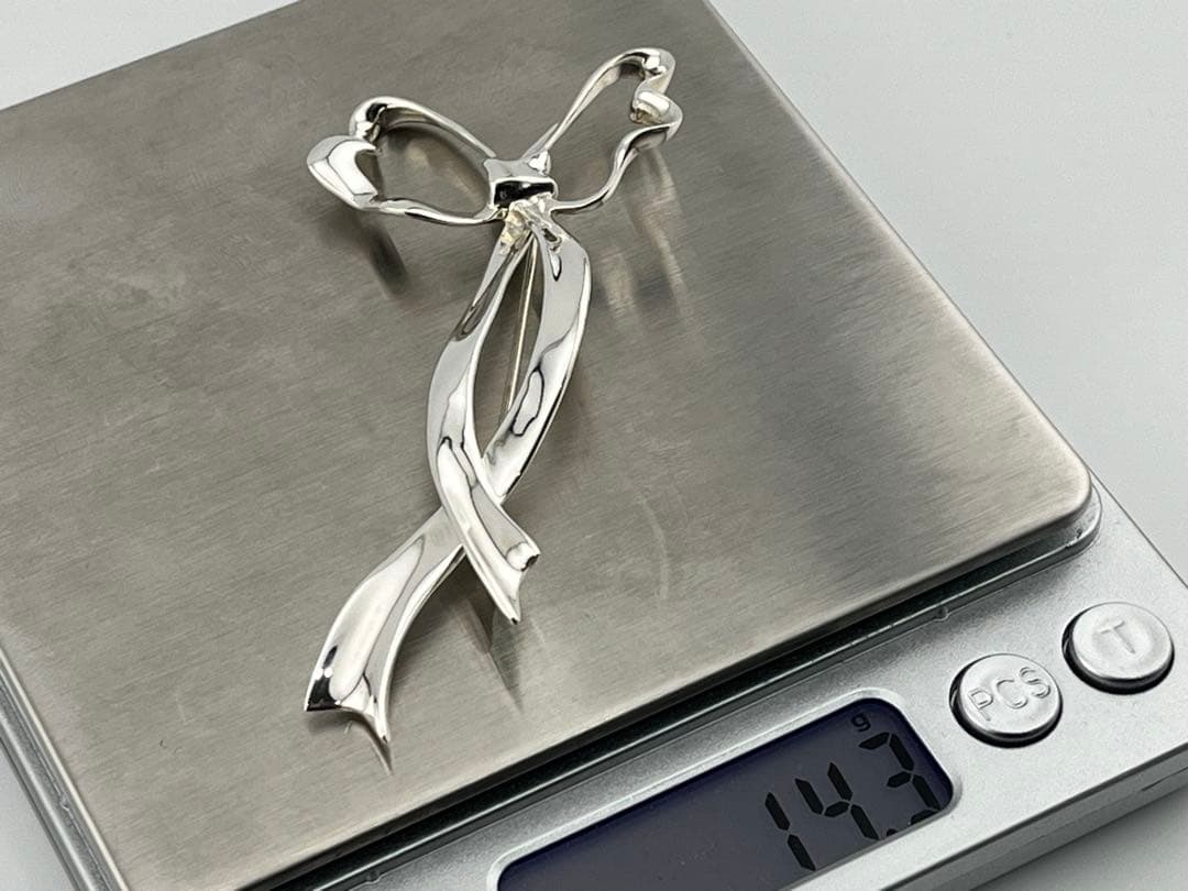 f049 美品 オールドティファニー リボンボウ ラージサイズ ブローチ