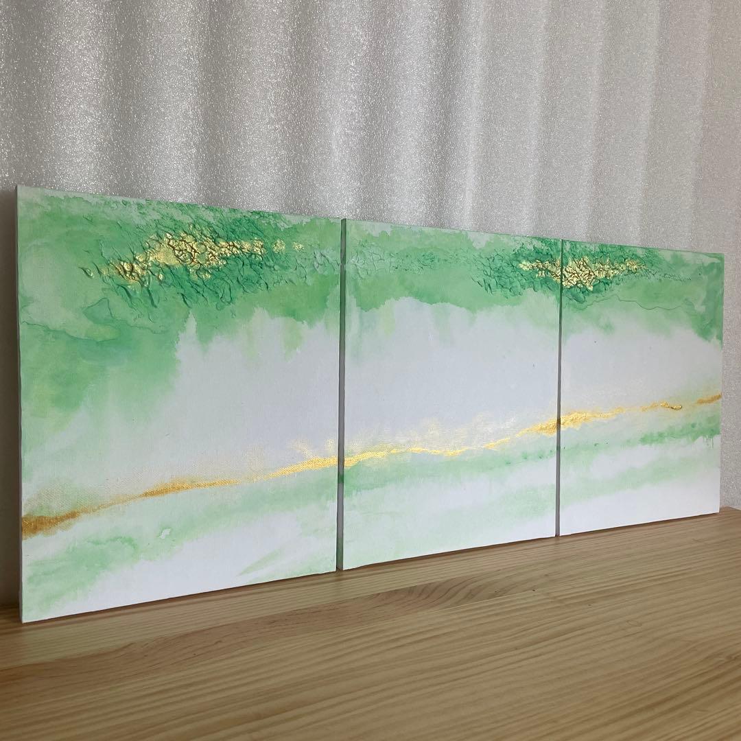緑の抽象画｜現代アート　絵画　インテリア　ナチュラル　アートパネル　金　壁掛け