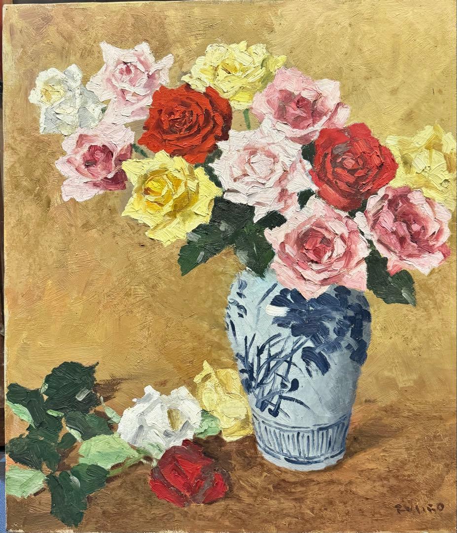 真作 関川富士郎 直筆サイン入 油彩 絵画 薔薇 アンティーク 飛行館画廊