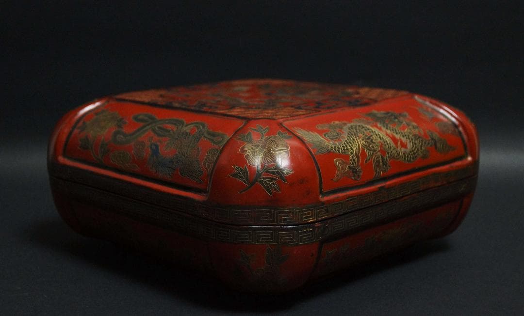 清 木製彫填漆塗 細工彫り『龍鳳凰文』金彩蒔絵 面取喰籠 蓋物 菓子器 /茶道具
