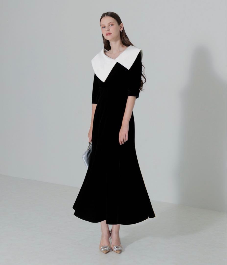 Leja 配色アシンメトリービッグカラーベロアマーメイドシルエットドレス　結婚式