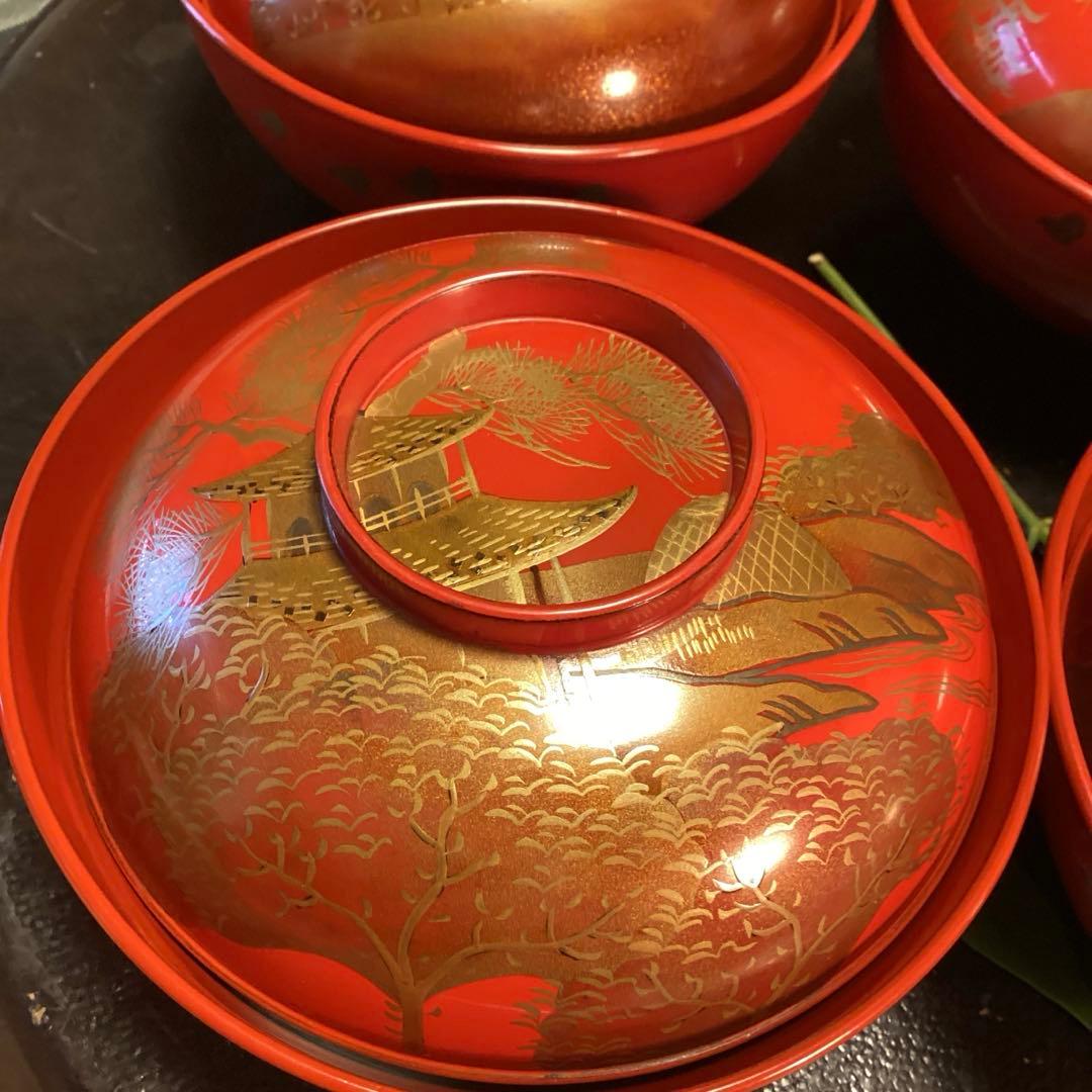 A902木製輪島塗 懐石道具 赤 古典風景蒔絵 『塗師銘仁左衛門』 5客