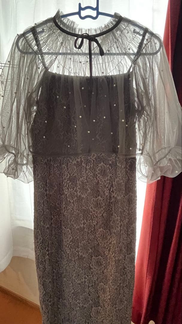 LEJA】パール付きケープ風リボンパフスリーブボレロ刺繍レースキャミ