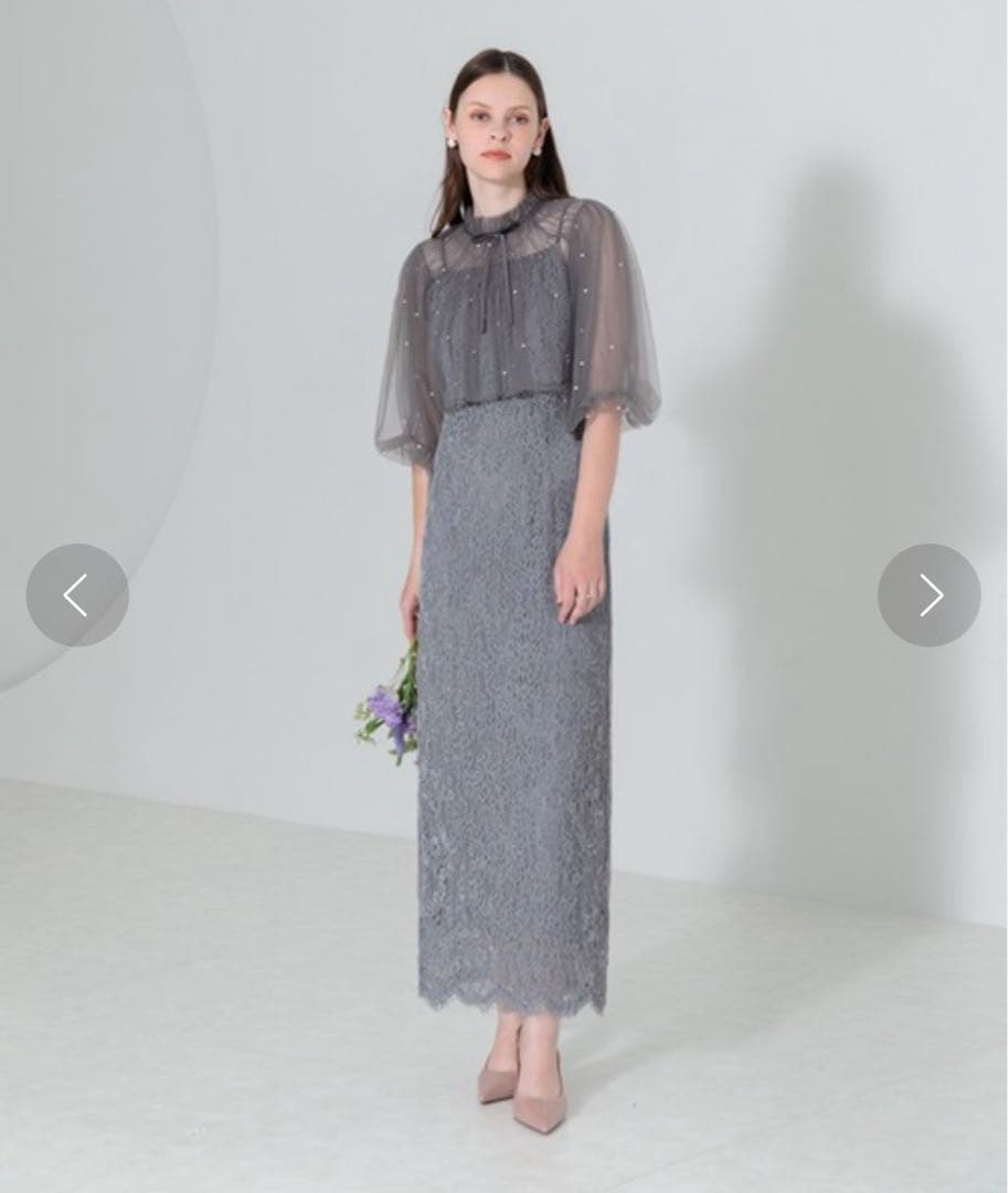 【LEJA】パール付きケープ風リボンパフスリーブボレロ刺繍レースキャミワンピ Leja（レジャ）の「【LEJA】パール付きケープ風リボンパフスリーブ