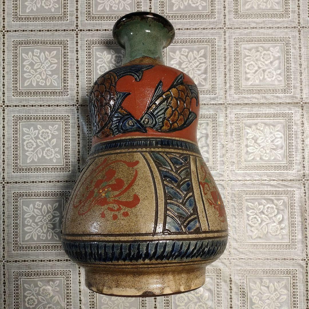 ☆壺屋焼☆小橋川清正 赤絵魚紋大壷 高さ37cm、重量約