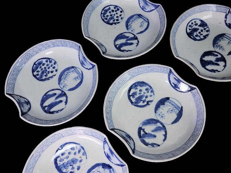 古伊万里　染付 丸紋に松竹梅の図　分銅型６寸皿　５枚　E674AS-CQl