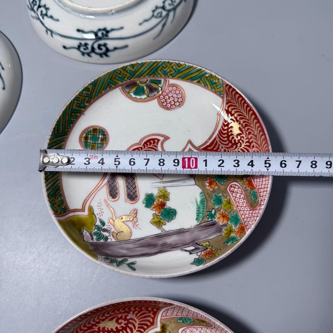 古伊万里　赤絵紅葉鹿文様五寸皿　5枚　金蘭手　丸文　裏鶴唐草文　直径15.4cm