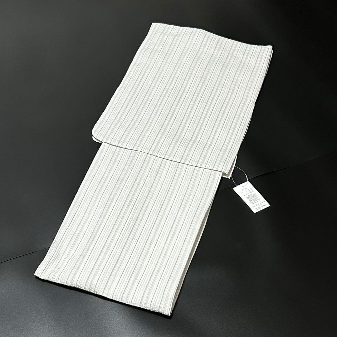 古典しじら織　浴衣　綿　粋な夏着物　縞柄　献上帯 半幅帯白　2点　0810①