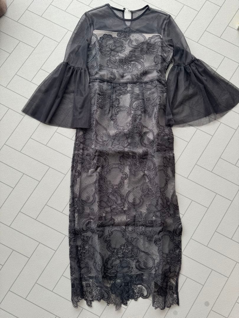 Leja シアー刺繍レースプリーツIラインロングワンピースドレス