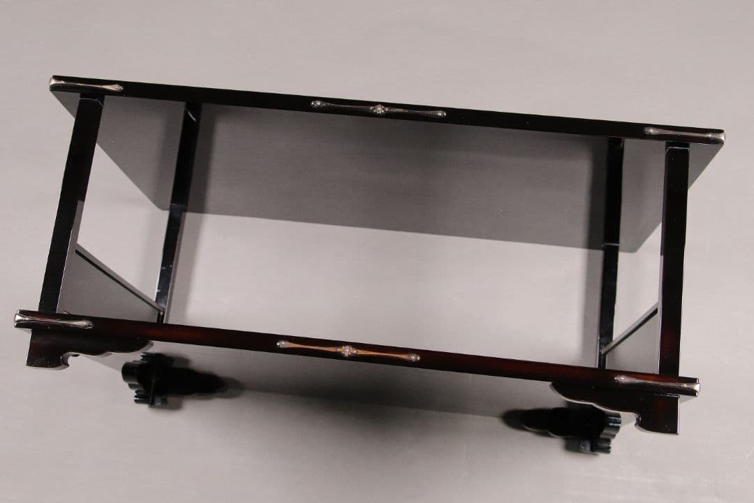 時代 花鳥図 金蒔絵 黒塗二段卓 冠卓 木箱 木製 花台 飾台 鶉 雀 M840