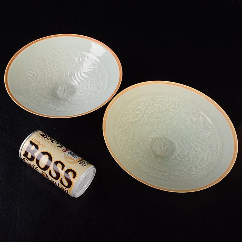 中国 影青 青白釉 陽刻 鳳凰雲龍文 鉢 2点 時代箱付 C