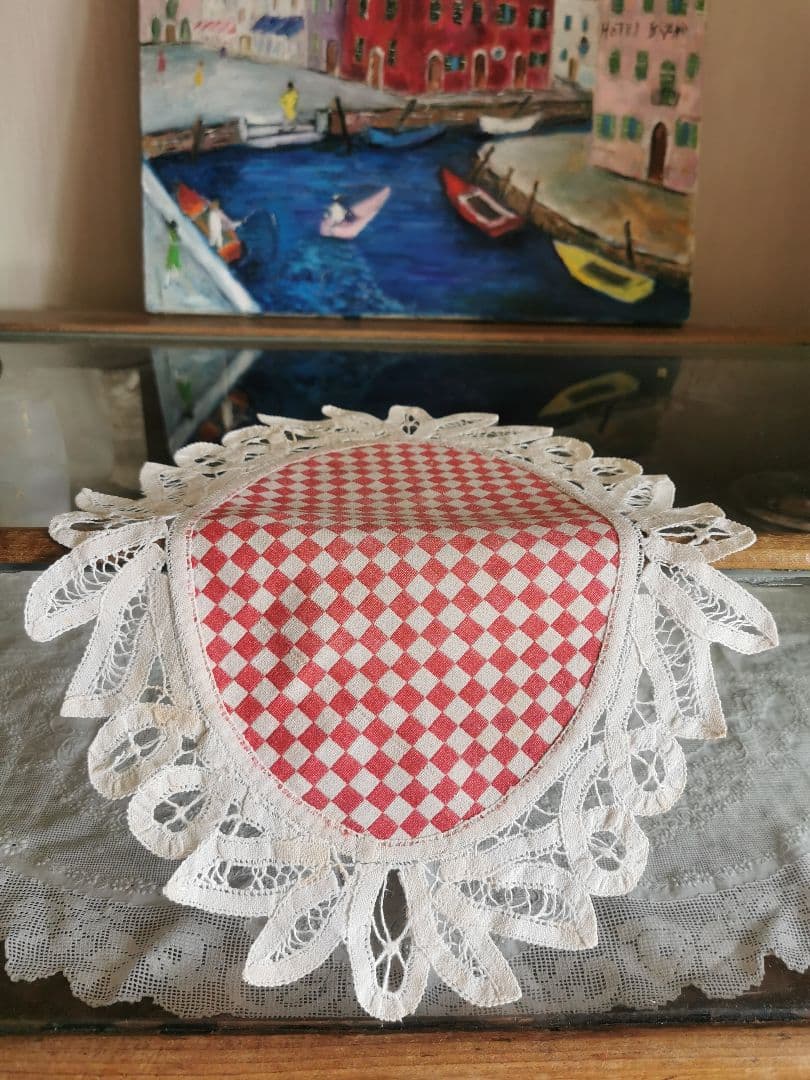 アンティークフランス レッド＆アイボリー 市松模様織 バテンバーグ