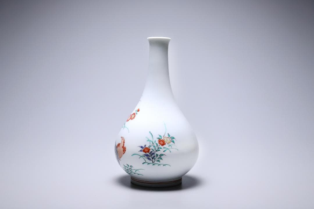 十四代酒井田柿右衛門 錦秋草鶉文花瓶 共箱 美