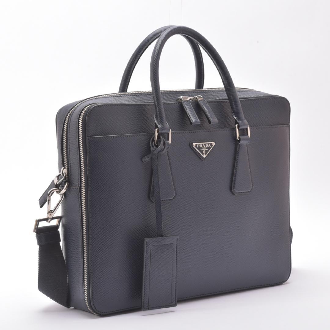 美品◇プラダ サフィアーノレザー 2WAY ブリーフケース ネイビー ショルダー