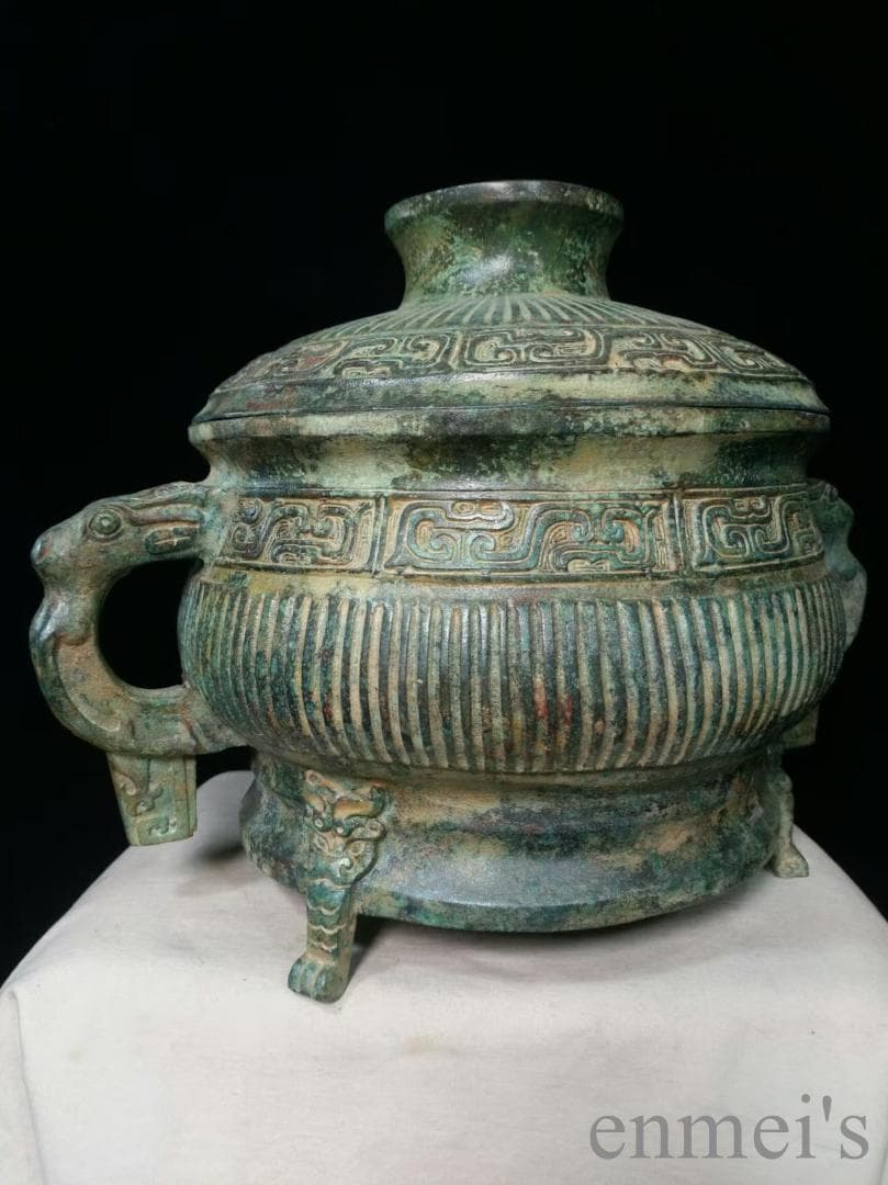 中国古美術 旧蔵 西周款 青銅器皿《銘文簋》純銅製 青銅製 蓋付き器 獣脚付き