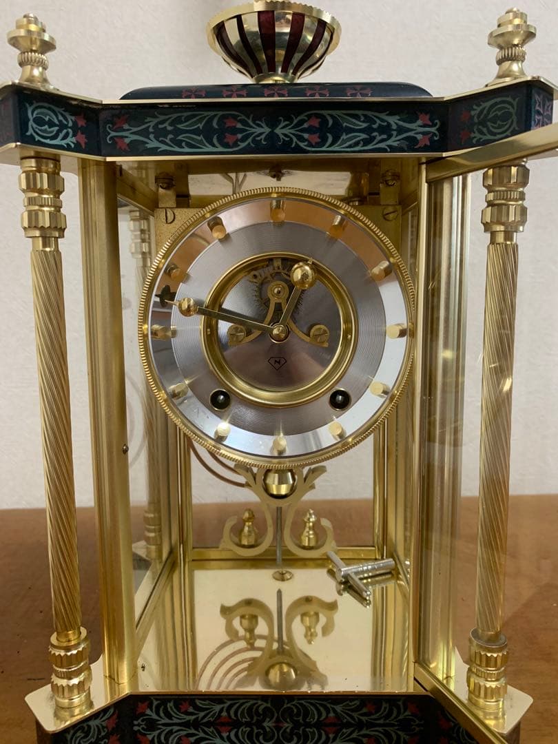 置時計 Nマーク 四面ガラス ゼンマイ式 振り子置時計 金属 日本美術