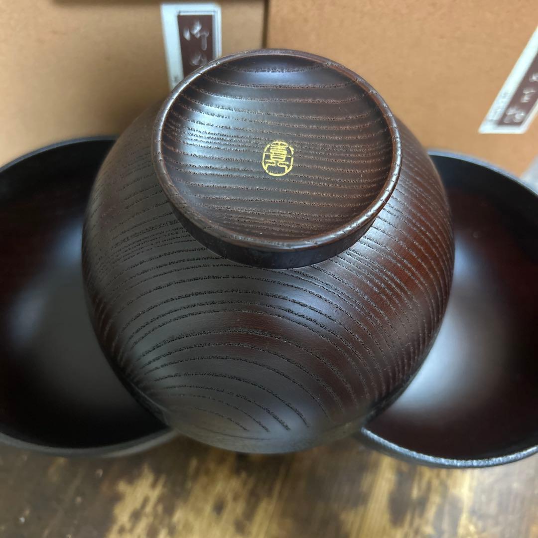 喜八工房　欅溜布張　4.0背高汁椀　3客　山中漆器