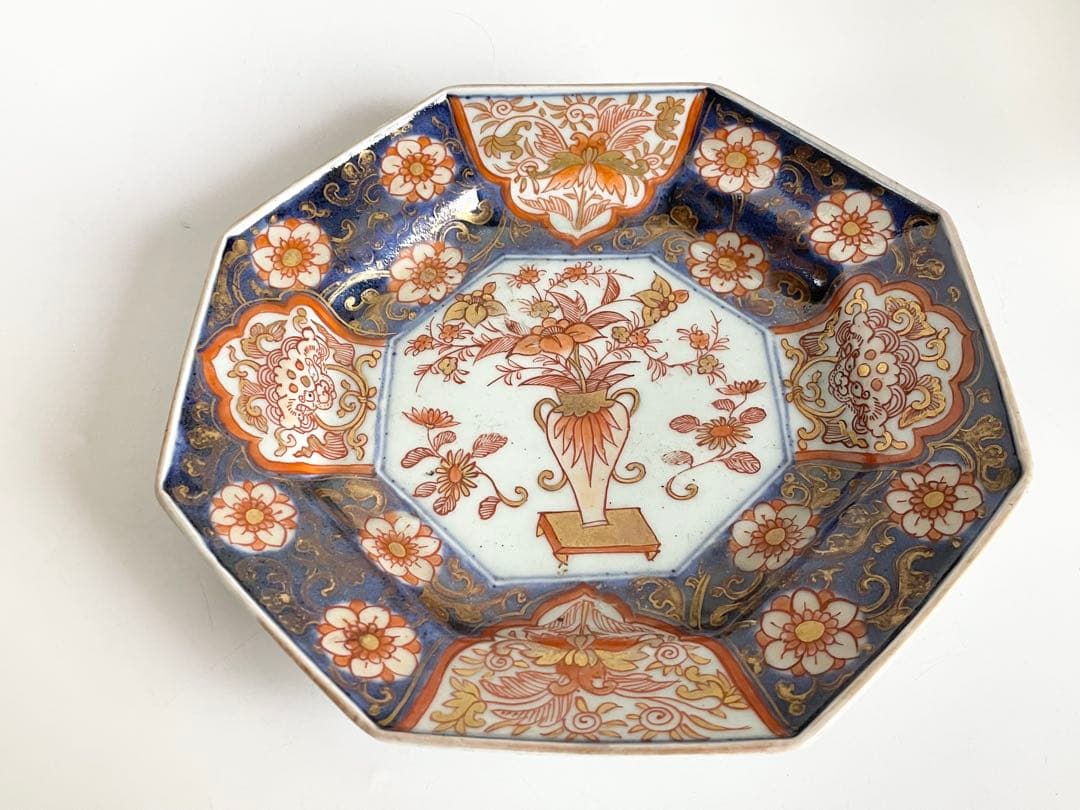 骨董　アンティーク　古伊万里　色絵花瓶獅子図八角皿　輸出伊万里　元禄　輸出手