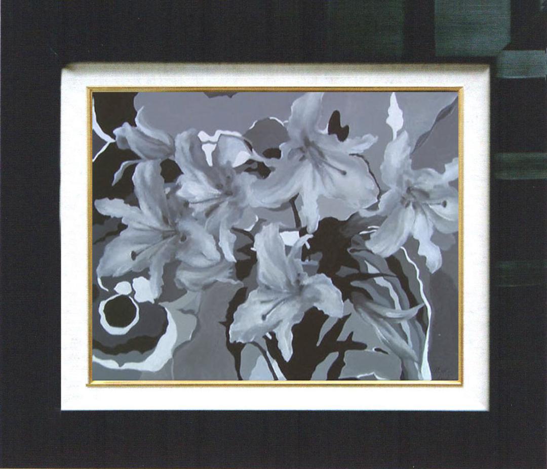 油絵 菅家令子 絵 絵画インテリア額付(青緑＋金色の枠) F6-070101 花