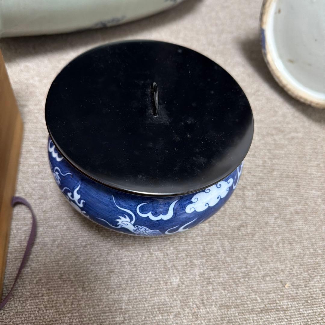 蓋付き陶器容器 青白雲模様 木箱付き 水差し 染付 龍 中国 骨董品の