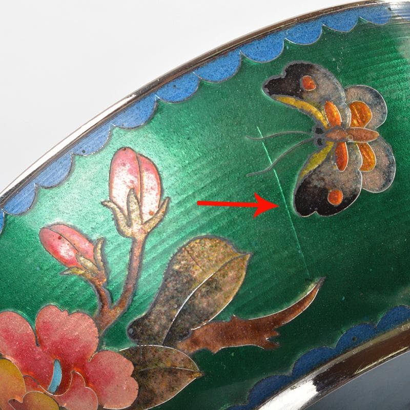 中国　古七宝　緑透釉　銀線象嵌　花蝶文　小鉢　唐木台付　M　R6842