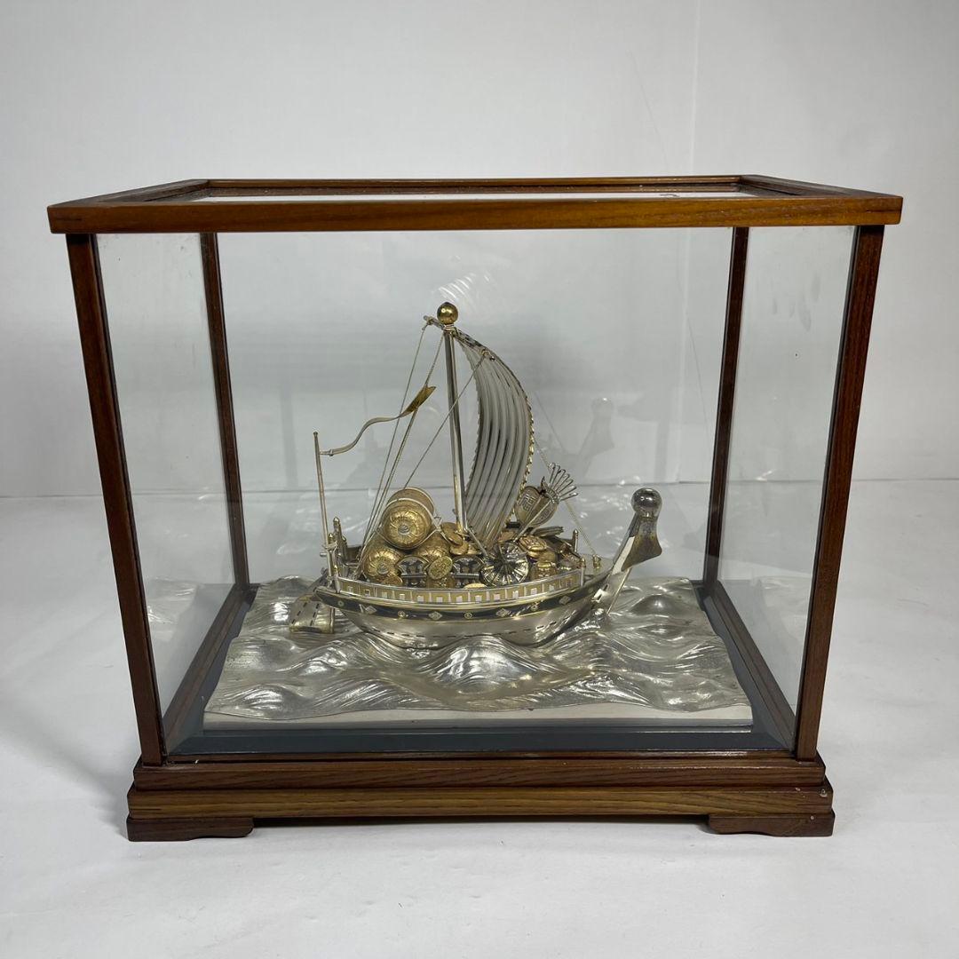 銀製 刻印 宝船 総重量 約2760g 置物 ガラスケース付