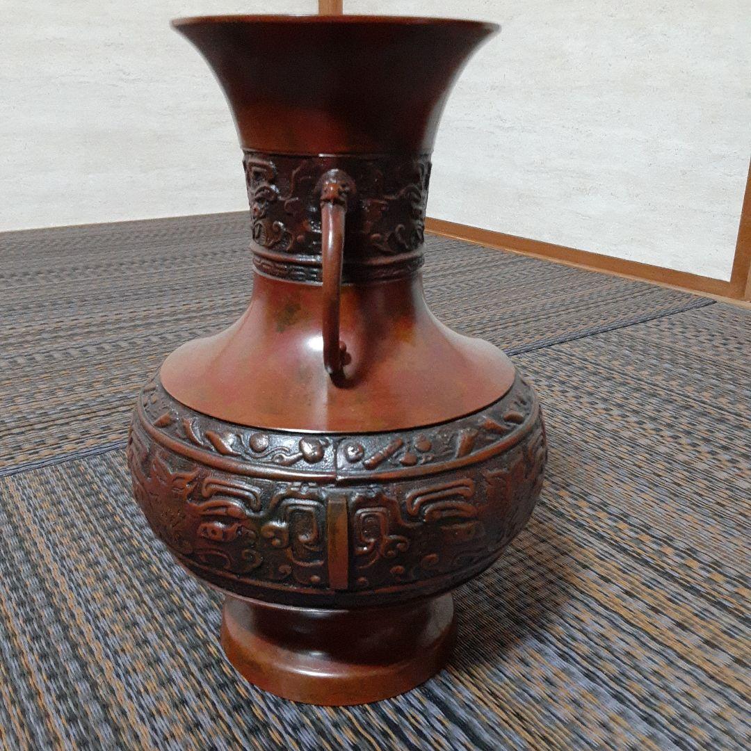 古い耳付高岡天龍銅器花瓶/茶華道活花飾/伝統工芸鋳物饕餮文様/吉祥赤銅龍泉堂在銘