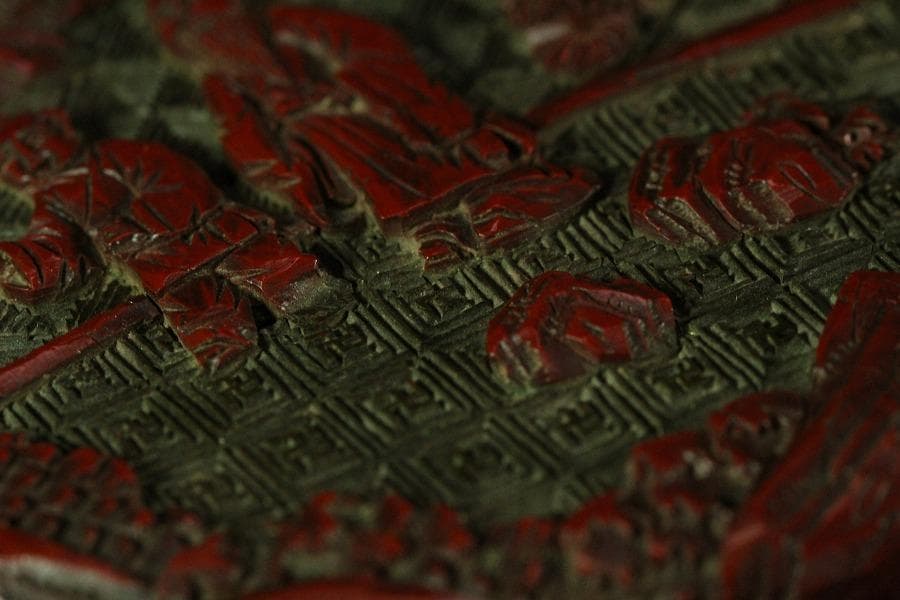 中国美術 堆朱 刻松下人物紋 香合(K-A833)