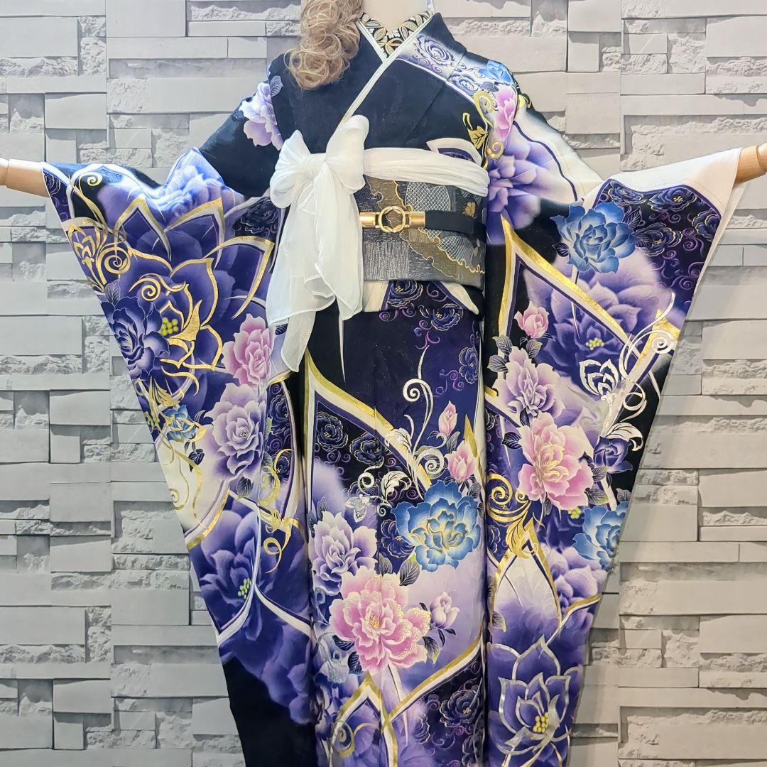 振袖セット 振袖フルセット 正絹振袖 駒刺繍 薔薇 銀通し 金銀系 黒紫青 66 振袖セット 振袖フルセット 正絹振袖 駒刺繍 薔薇 銀通し 金銀系 黒紫