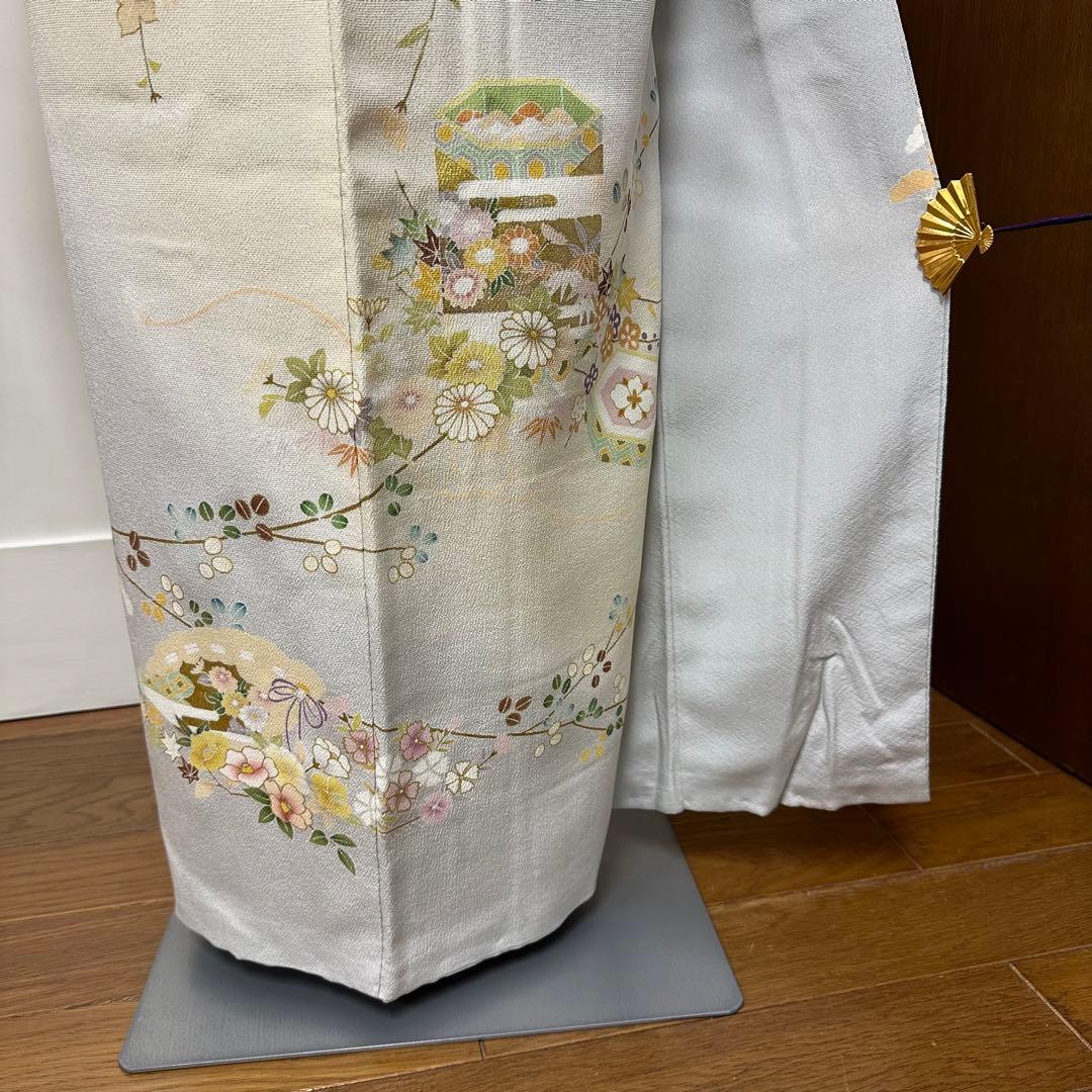 付下げ 袷 正絹 薄雲鼠色・薄黄色 暈し 貝桶・檜扇