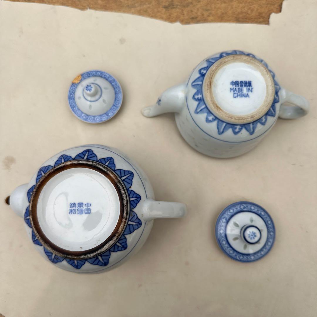 景徳鎮製大量まとめ 青花茶器セット ポット2点 湯呑19客 中国茶器 煎茶