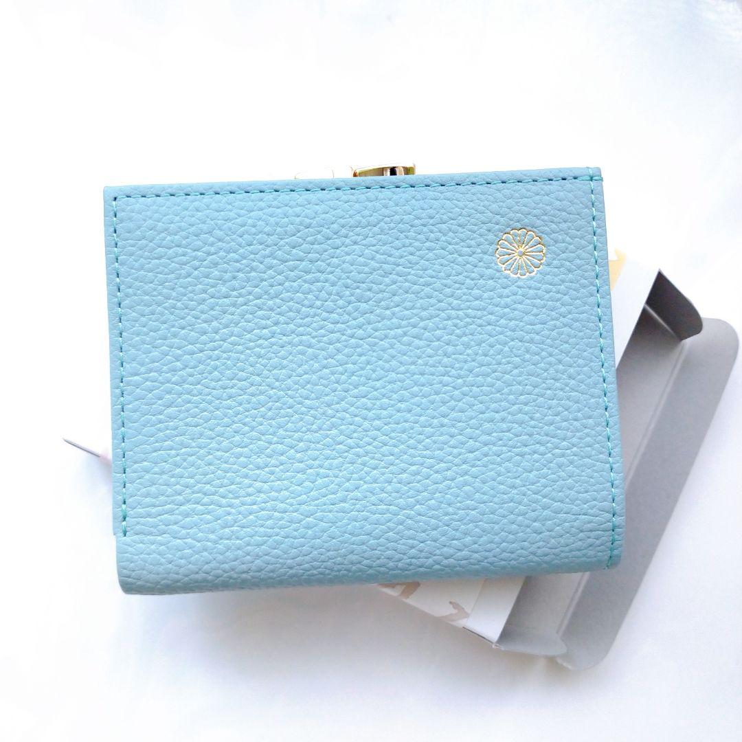 皇居限定品 二つ折り財布 がま口財布 ブルー 水色 本革製品 菊の御紋