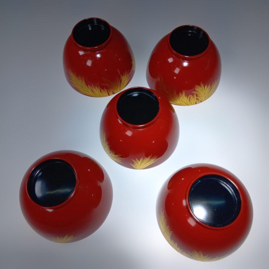 輪島塗　蒔絵沈金塗　吸物椀五客　共箱　 美品