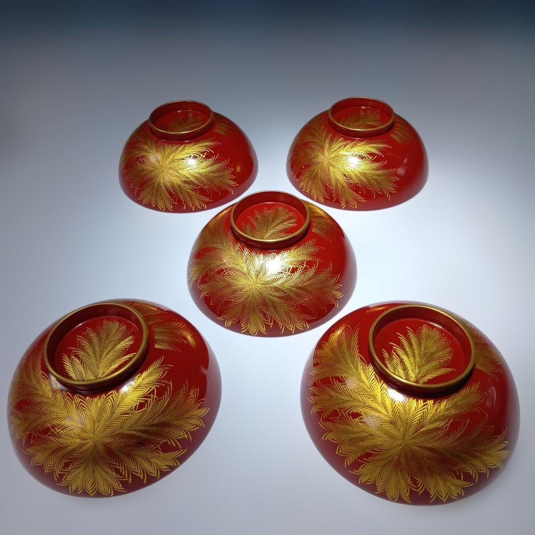 輪島塗　蒔絵沈金塗　吸物椀五客　共箱　 美品