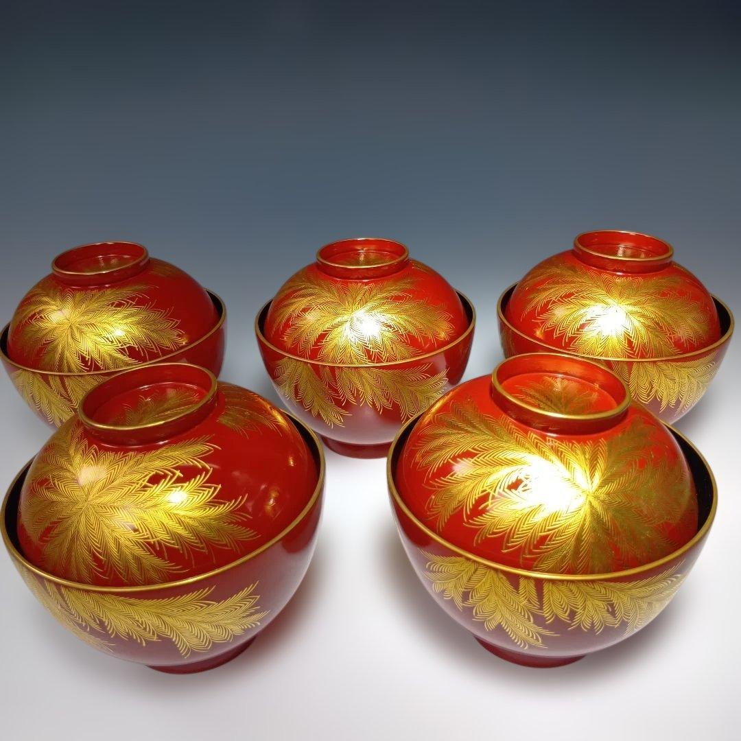 輪島塗　蒔絵沈金塗　吸物椀五客　共箱　 美品